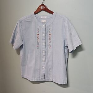 Foxcroft Chambray Embroidered Button-Up Top